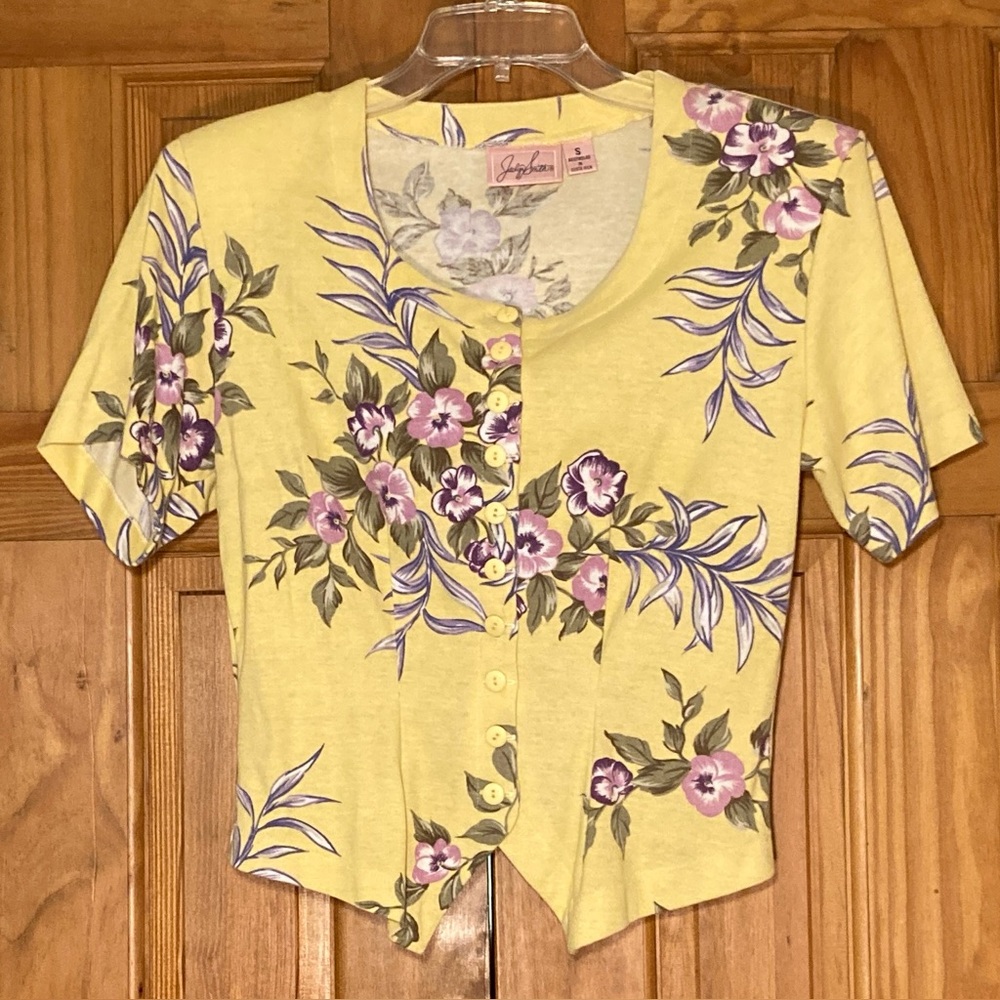 EUC Jaclyn Smith Vintage 80s Blouse Short Sleeve Top Yellow Purple Size S Small